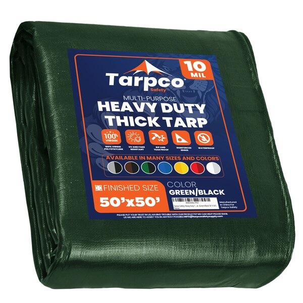 Tarpco Safety Heavy Duty Tarp, 50 ft L x 0.5 mm H x 50 ft W, 10 Mil, Green/Black, Polyethylene TS-153-50X50 - main